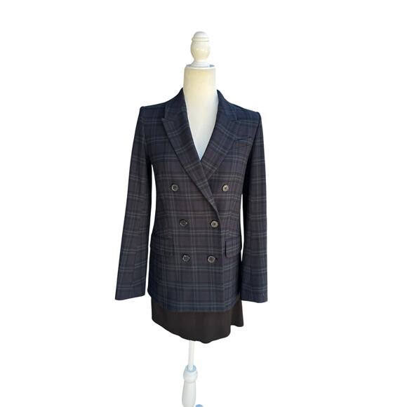 BABATON x ARITZIA Samuel Double Breasted Blazer Navy Everest Green Plaid SZ 0/XS - Picture 3 of 9